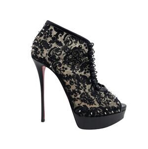 Christian Louboutin Black Lace Spiked Platform Booties 150mm Tip Top Alta 41